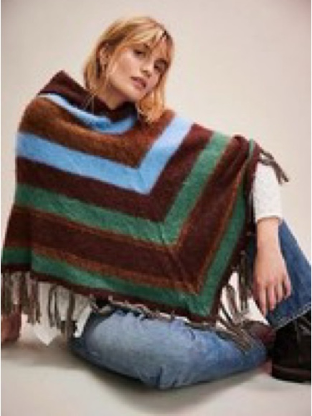 Free People Striped Knit Poncho Fringe Brown Green Blue Boho Hooded Sweater Top